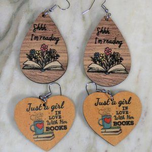 2 Pairs of Booklovers' earrings "Shhh I'm reading" "Just a girl in love w/books"